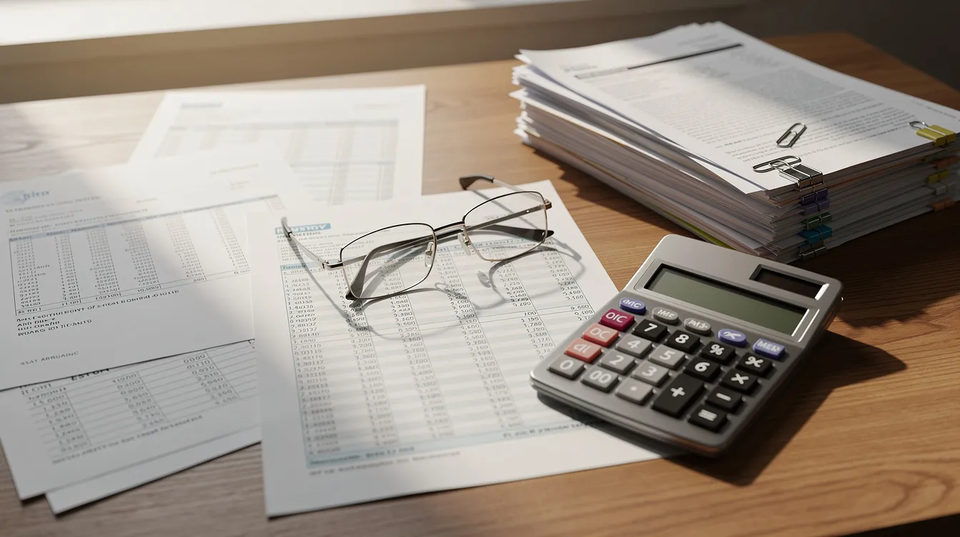 4d8342f7 2ad4 4dca 86fc cdd4d2824f13 The image depicts a cluttered desk featuring various financial documents, including bank statements and a liability statement, alongside a calculator and reading glasses, suggesting the preparation for loan approval or financial planning. This scene may relate to individuals seeking financial assistance, such as mudra loans, and highlights the importance of having a satisfactory credit track record for successful loan applications.