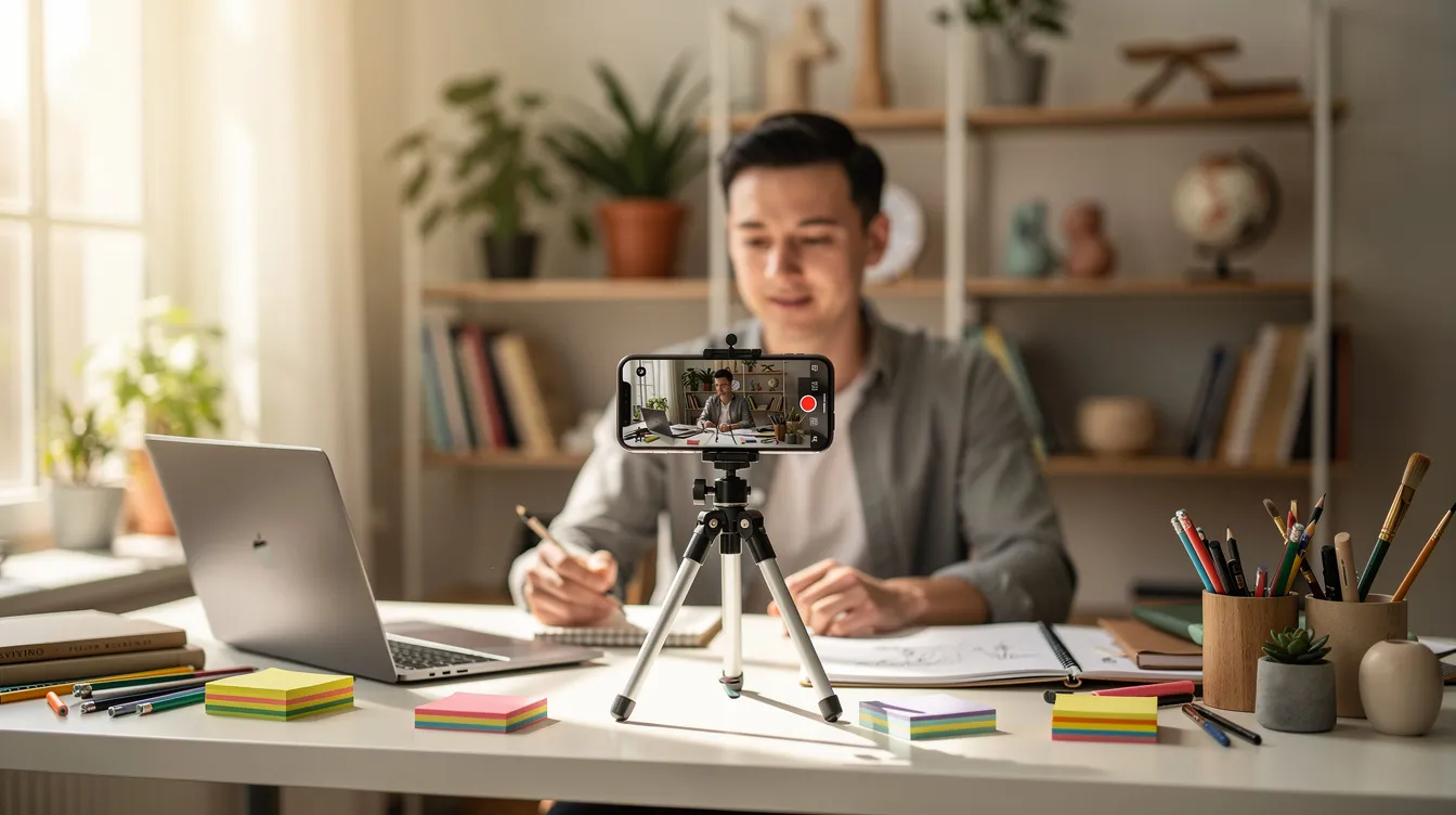 A person is filming a short video with a smartphone mounted on a small tripod in a bright and creative workspace, showcasing the use of digital marketing tools for content creation. This scene highlights the importance of video content in social media marketing strategies for engaging with the target audience.