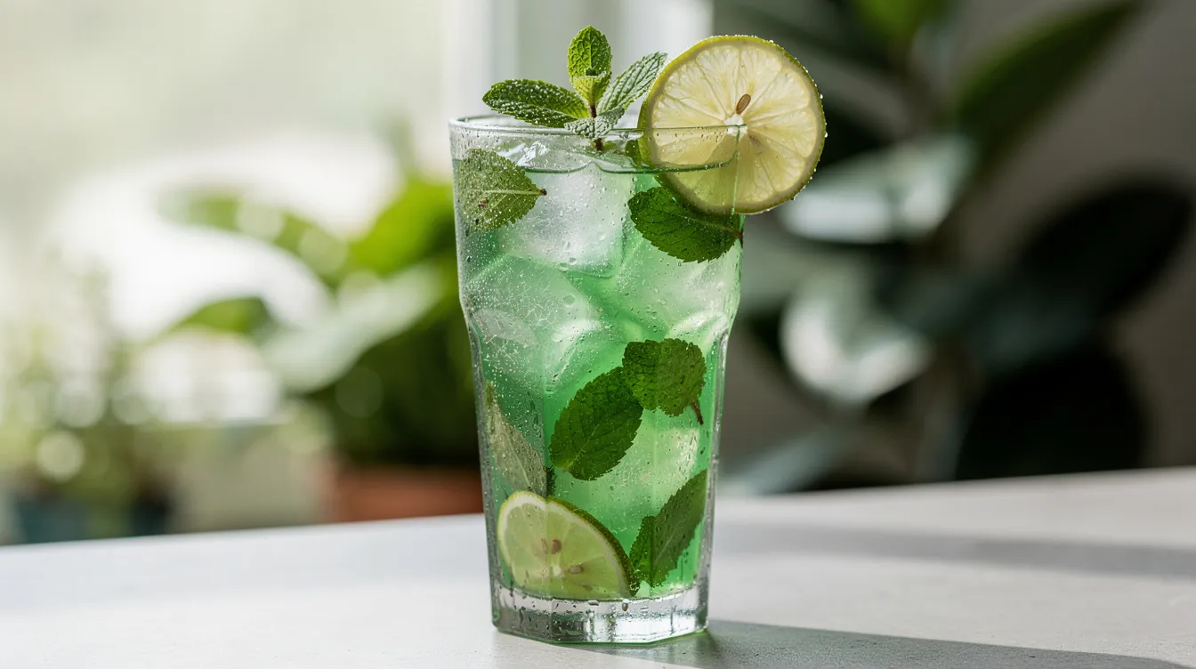 Zielona lemoniada herbaciana z limonką, miętą i kostkami lodu