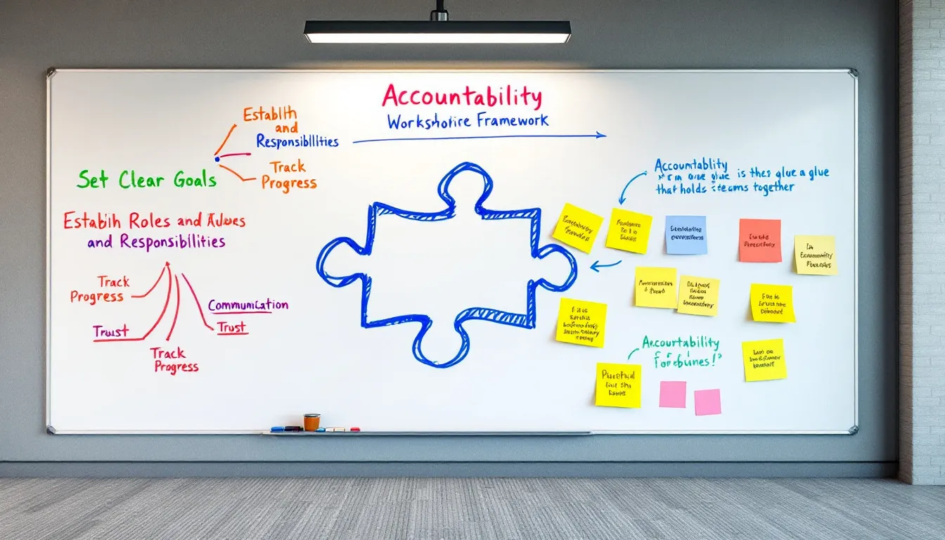 Key elements of an effective accountability workshop displayed on a whiteboard.