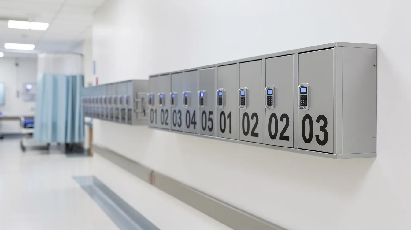 The image depicts a row of secure smartphone storage lockers in a hospital's pre-operative holding area, featuring numbered doors for controlled access. These wall-mounted lockers provide individual compartments for patients to store their mobile devices safely, ensuring compliance with facility policy and enhancing security within the environment.