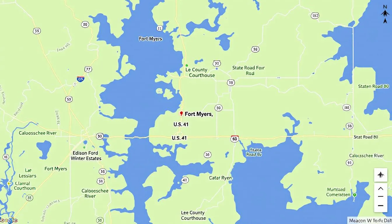 The image depicts a detailed map view of Fort Myers, Florida, highlighting major highways and nearby attractions, including the Fiddlesticks Golf and Country Club. This welcoming community offers unlimited opportunities for new members to enjoy world-class amenities, tennis courts, and vibrant friendships within its picturesque surroundings.