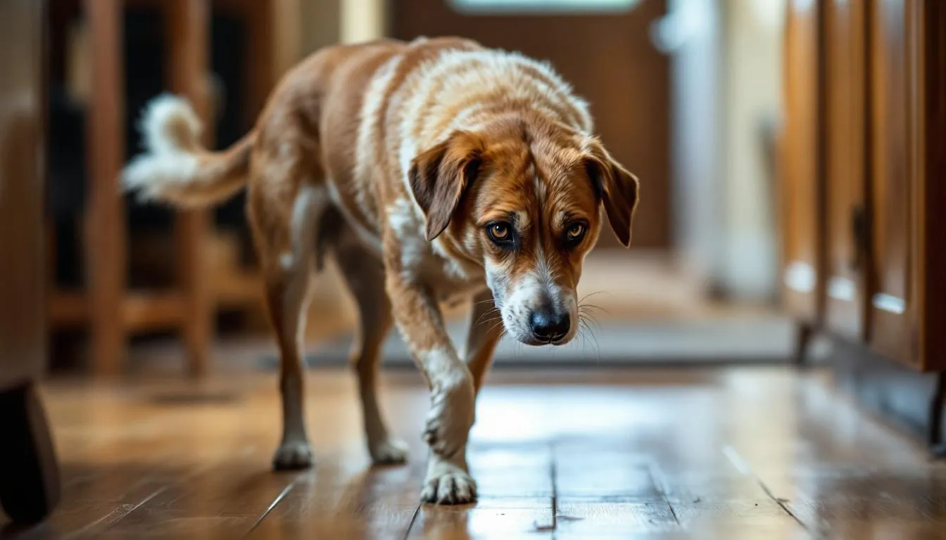 A restless dog is pacing around, showing signs of discomfort after eating, which may indicate symptoms of acid reflux or gastrointestinal issues. The dog
