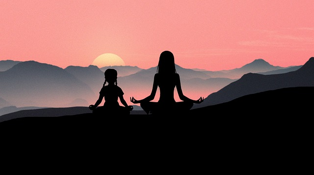 yoga, sunset, mountains
