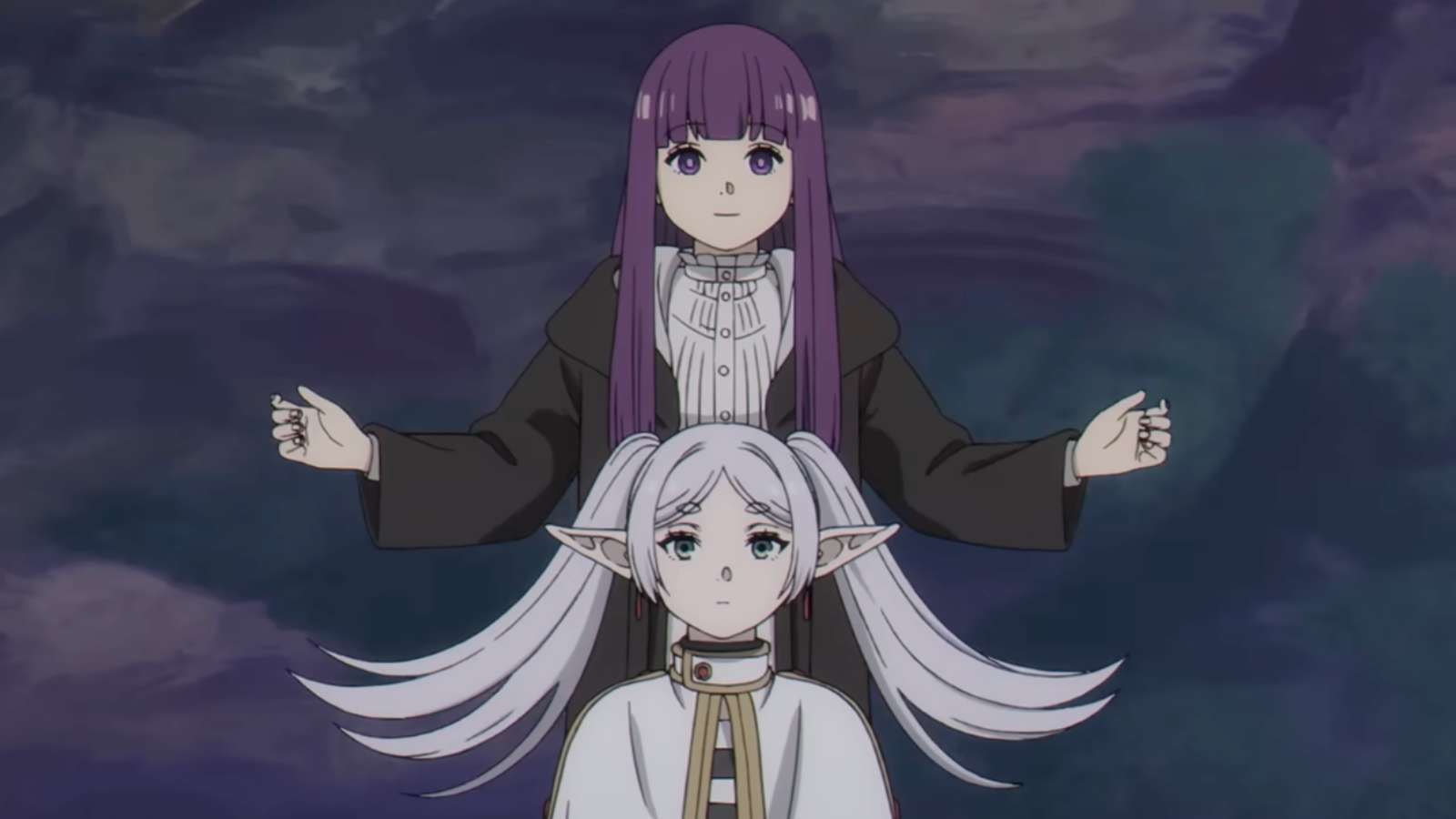 Fern standing behind Frieren from Frieren season 2 amid swirling darkness