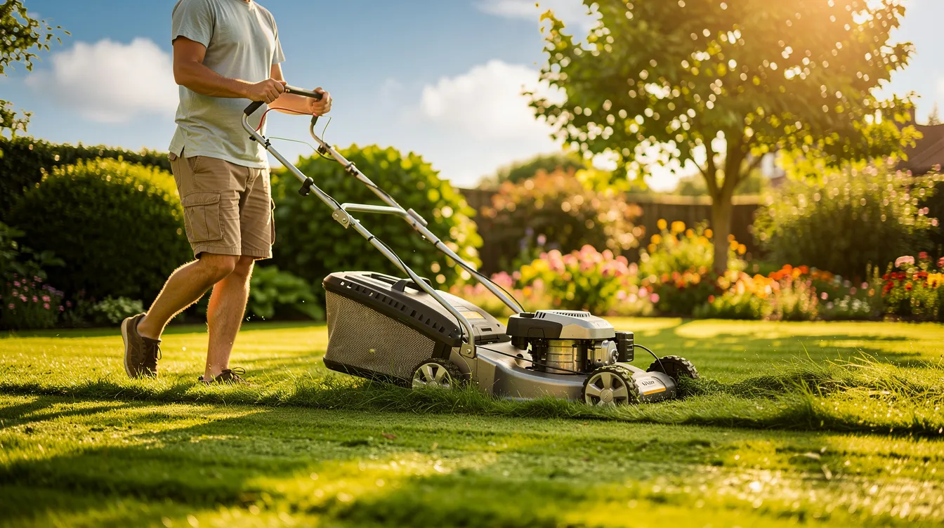 A person is pushing a lawn mower across a lush green garden under the bright summer sun, effectively cutting the grass to maintain a healthy lawn. The mower is likely a push mower, helping to keep the grass height in check while adhering to the one third rule for optimal grass growth.