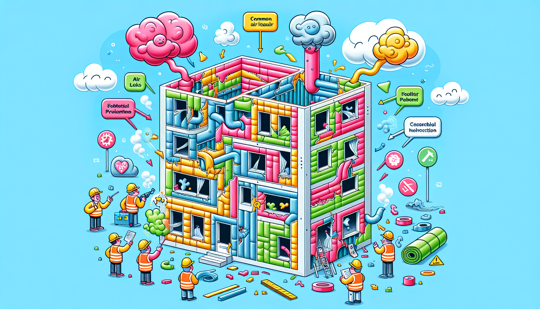 A cartoon depicting common causes of air barrier failures in buildings.