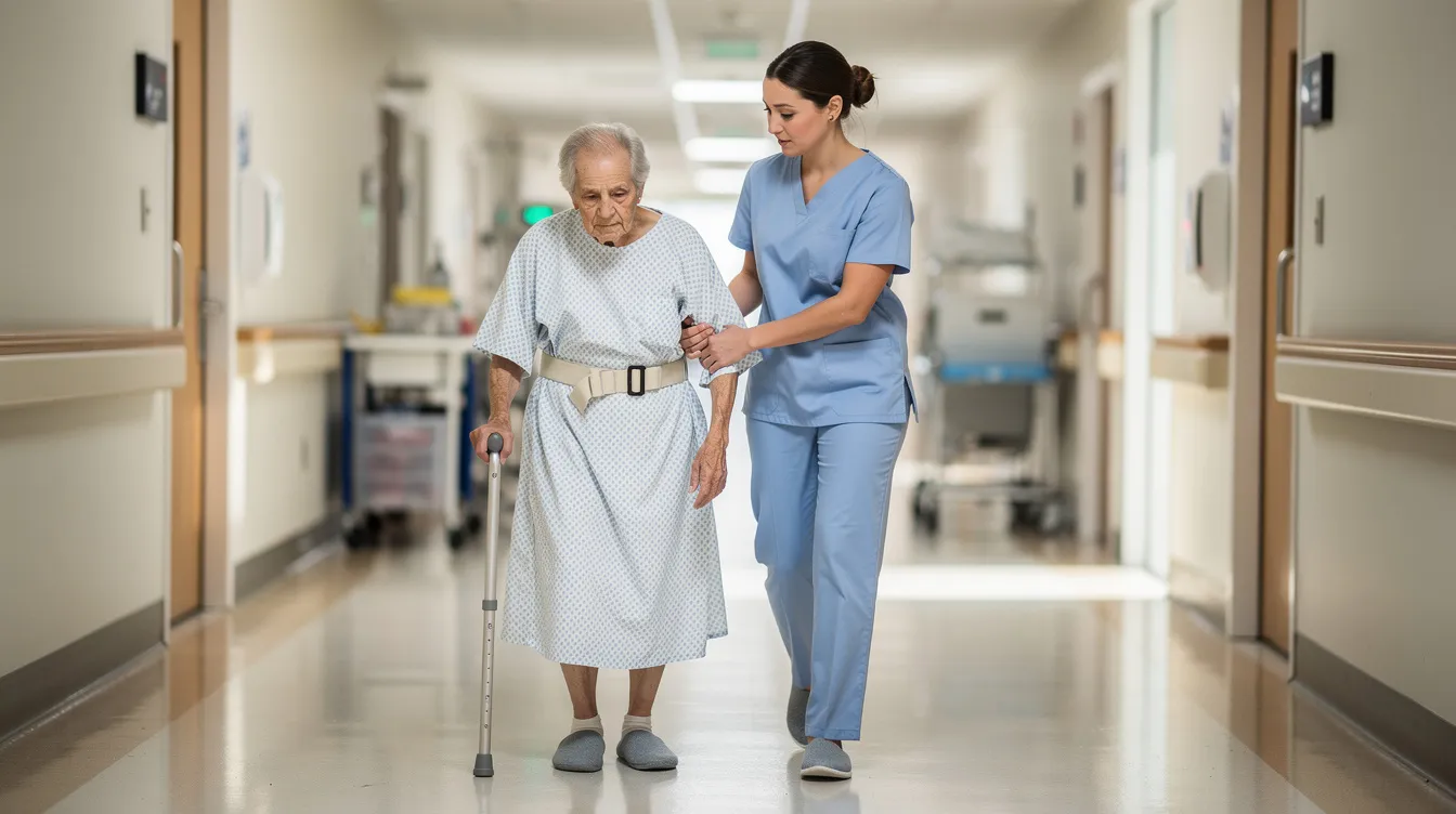 A certified nursing assistant is assisting an elderly patient with walking in a hospital corridor using a gait belt, demonstrating essential support and patient care skills. The healthcare worker is focused on ensuring the patient’s safety while navigating the healthcare setting, highlighting the importance of communication and compassion in their role.