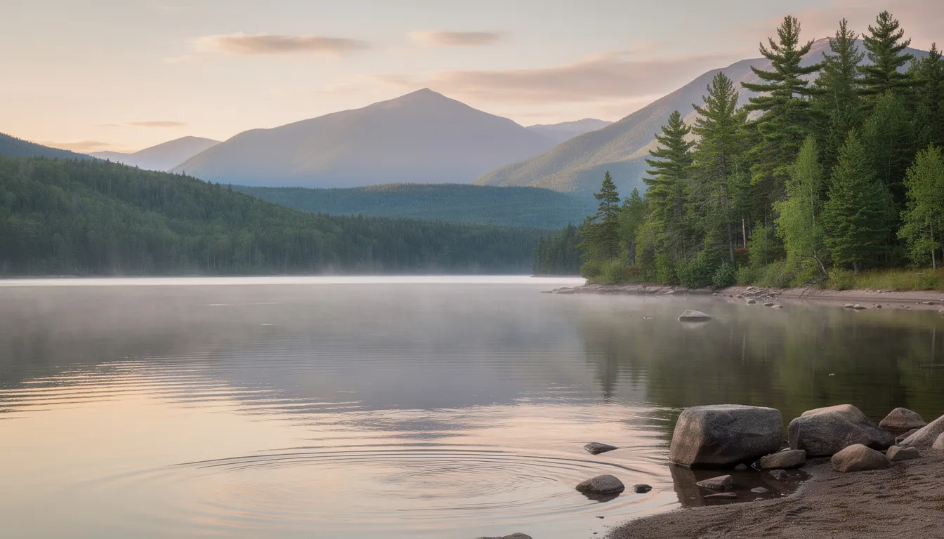 The image depicts a serene Maine lake nestled among lush pine forests, with majestic mountains rising in the background. This picturesque scene highlights the natural beauty of outdoor activities in Maine, which can also serve as a reminder of the importance of maintaining clean indoor air quality for your family's health.