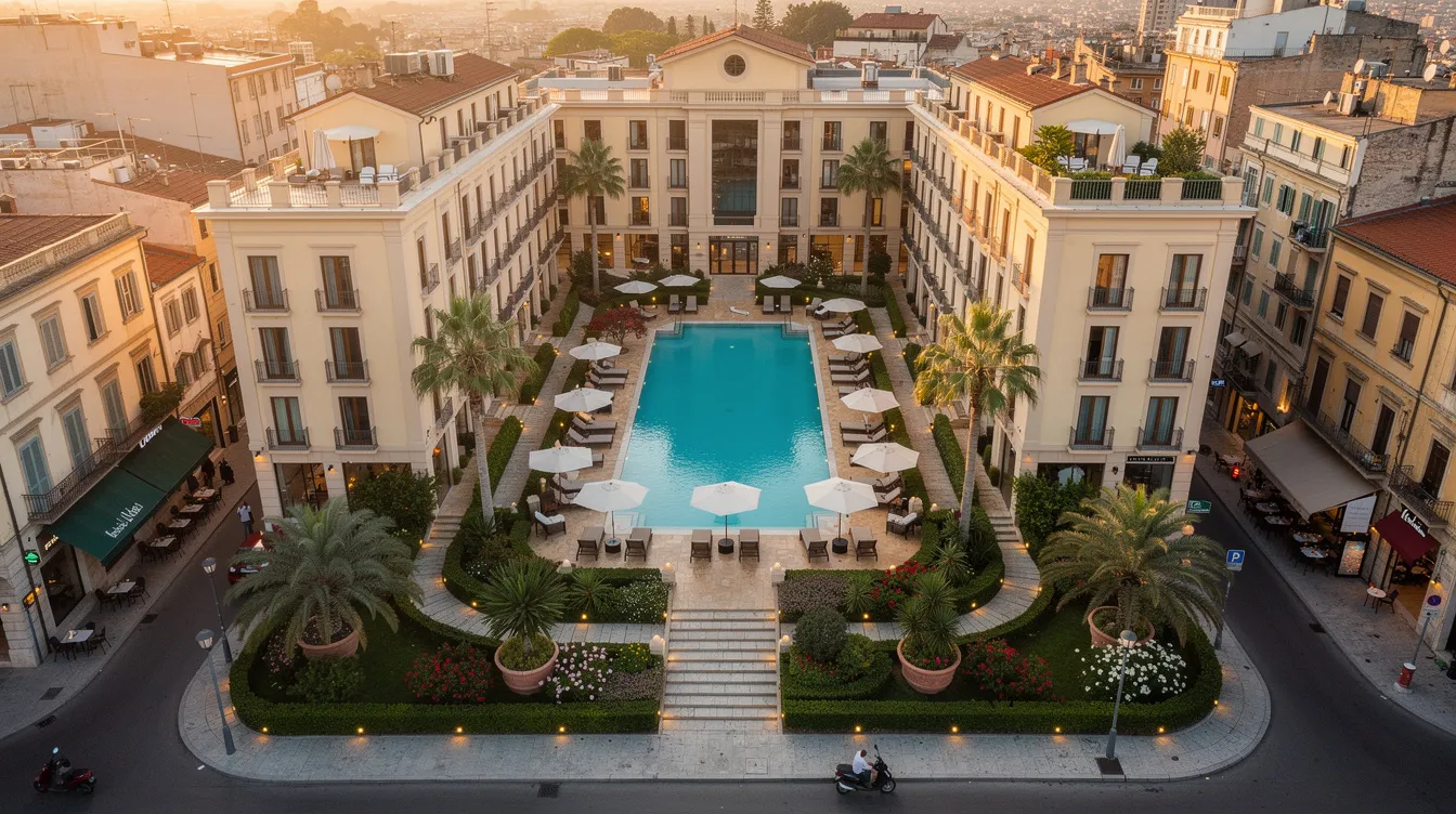 An aerial view showcases a charming boutique hotel property featuring a landscaped courtyard and a sparkling pool, nestled in a vibrant tourist city. This image highlights the hotel's assets and potential for revenue generation, essential for financial projections and attracting investors in the hospitality industry.