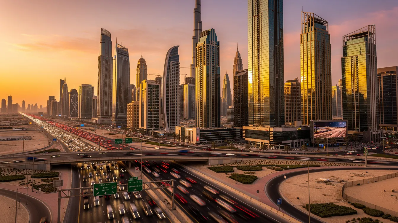 The image depicts the stunning Dubai skyline at sunset, showcasing tall glass towers that reflect the golden light, with a busy highway bustling with vehicles in the foreground. This vibrant scene highlights Dubai as an attractive destination for digital nomads and skilled workers seeking permanent residency and job opportunities in a growing job market.
