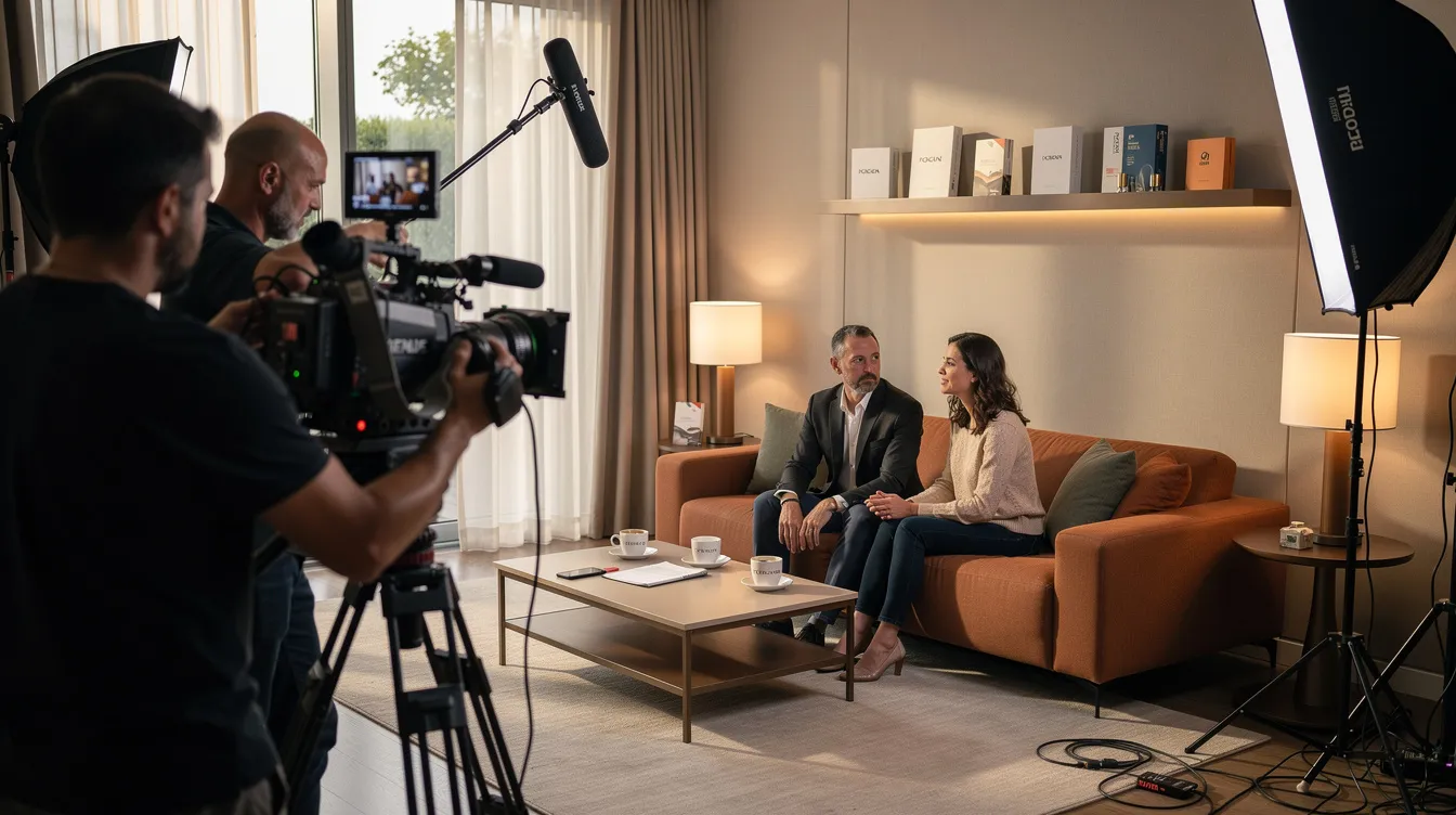 Ein Filmteam dreht eine Szene in einem stilvoll eingerichteten Raum, in dem dezente Markenintegration im Setdesign sichtbar ist. Die Atmosphäre vermittelt ein Gefühl von Unterhaltung und geschickter Markenkommunikation, während die Menschen am Set miteinander interagieren und die Produktion vorantreiben.