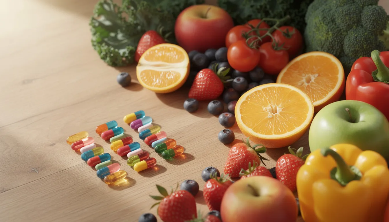 The image features an array of colorful supplement capsules placed next to fresh fruits and vegetables on a wooden surface, highlighting the importance of a balanced diet rich in essential nutrients for supporting healthy aging and overall well-being. This vibrant display emphasizes the role of dietary supplements in promoting brain health, immune function, and longevity for older adults.