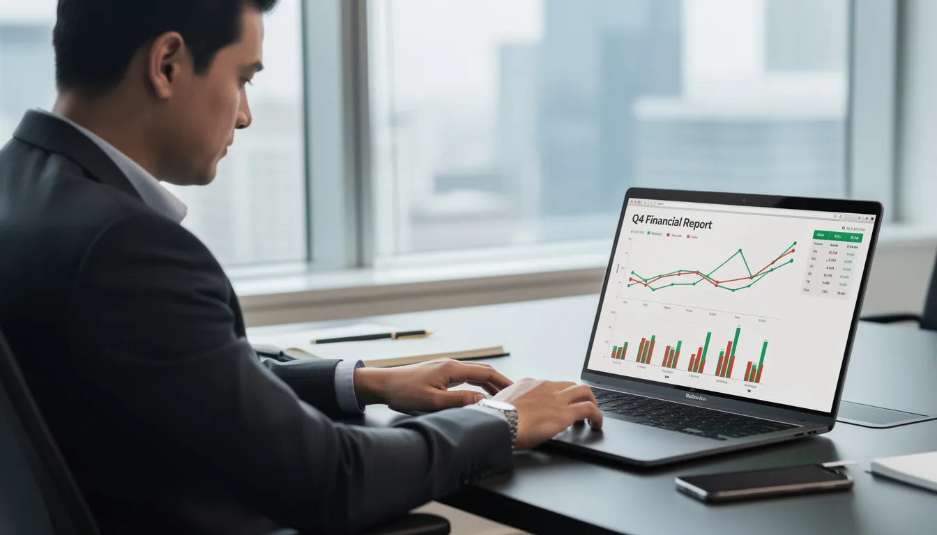 A professional is seated at a desk, intently reviewing financial data displayed on their laptop screen, surrounded by office supplies. This scene reflects the importance of virtual staffing and skilled professionals in managing administrative tasks for businesses, enabling greater focus on business goals.