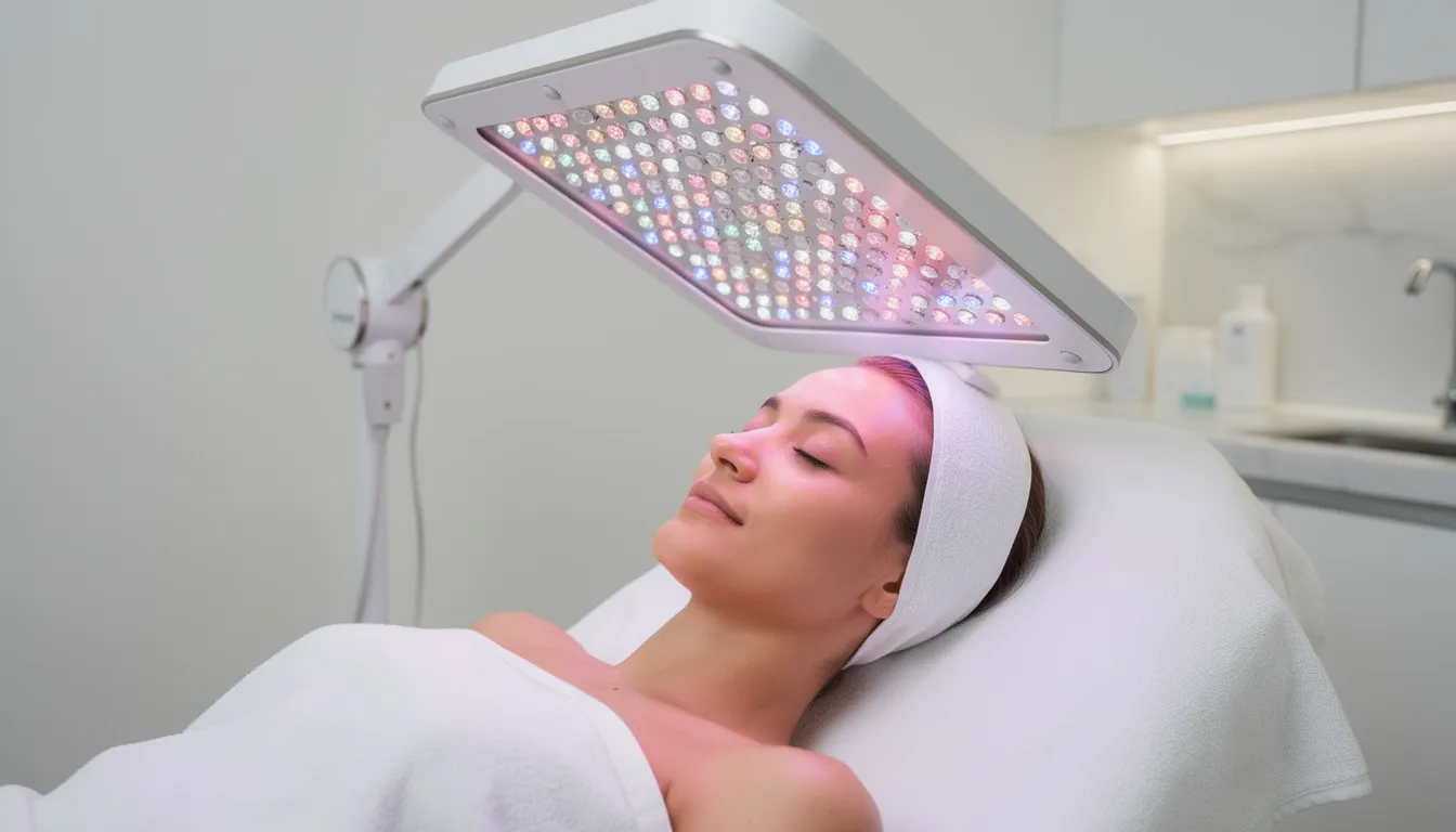 Na obrazie widoczny jest profesjonalny panel LED umieszczony nad twarzą klientki w nowoczesnym gabinecie kosmetycznym. Terapia światłem czerwonym, emitującym delikatne ciepło, ma na celu poprawę kondycji skóry oraz wspieranie naturalnych procesów regeneracyjnych.