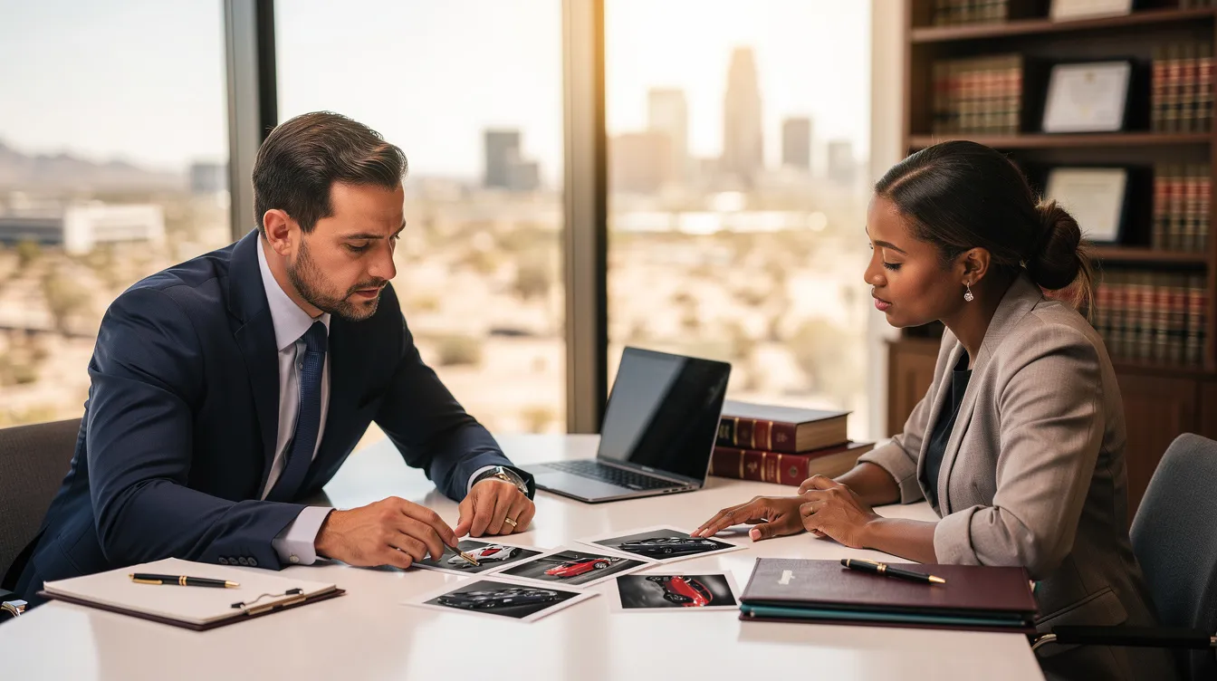 A Phoenix car accident lawyer is meeting with a client in a professional law office, reviewing accident photos and documents at a conference table. The warm natural lighting creates a welcoming atmosphere for this important legal consultation focused on recovering compensation for car accident victims.