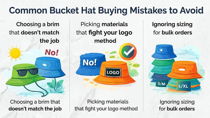 Common bucket hat buying mistakes infographic showing wrong brim choice, materials that fight your logo method, and bulk sizing issues.