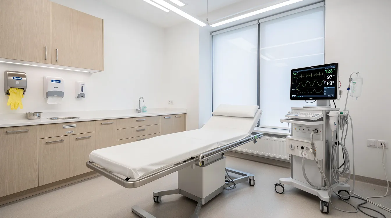 The image depicts a modern medical treatment room featuring a patient table and advanced medical monitoring equipment, all set in a clean and bright environment. This setting is designed to provide effective pain relief and support for patients dealing with chronic pain and other health conditions.