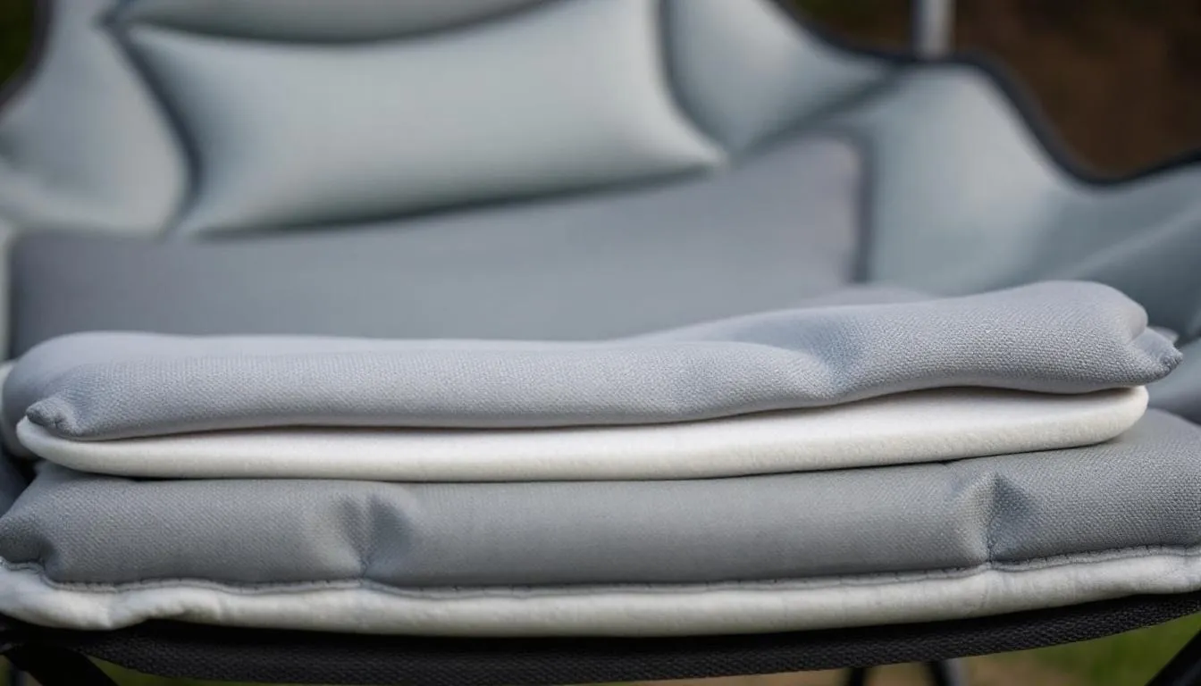 A close-up view showcases the thick padding and cushioning details of a high-quality camping chair, emphasizing its comfortable design for sitting during outdoor adventures. This chair features a spacious seat and ergonomic design, making it one of the best camping chairs for extended periods of relaxation.