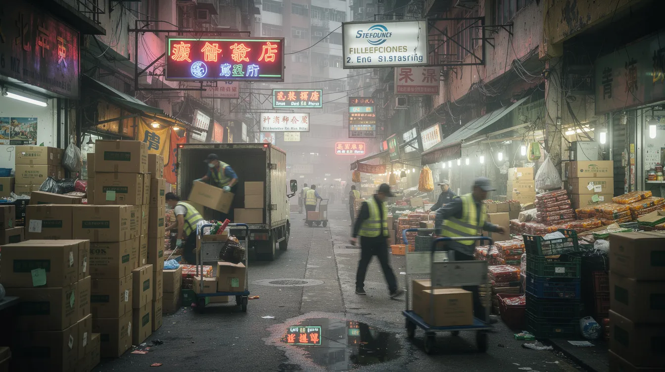 The image depicts a bustling wholesale market in Hong Kong, where workers are actively moving various goods and boxes amidst the vibrant atmosphere. This scene reflects the dynamic nature of commerce in the city, essential for small and medium enterprises seeking financing and support through various loan programs.