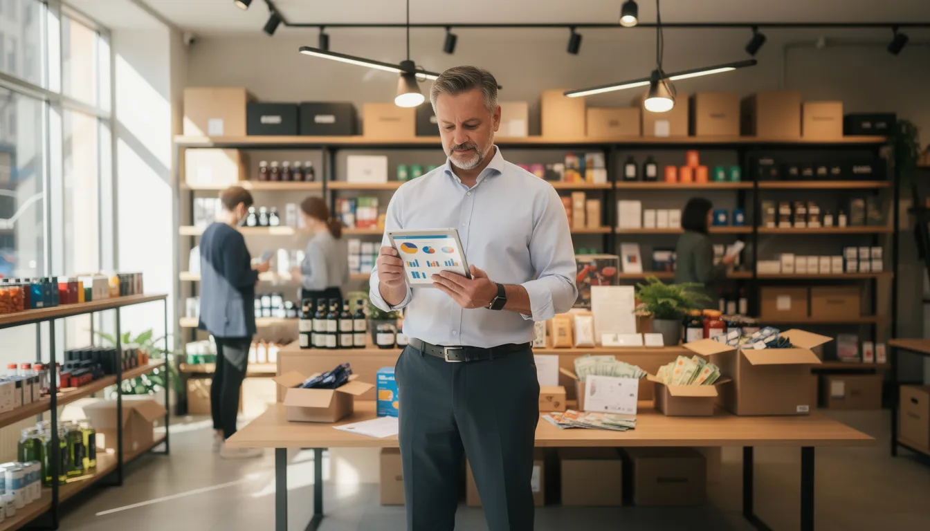 A small retail business owner stands confidently in a modern store, comparing data with competitors on a tablet amidst fully stocked shelves and browsing customers. The warm natural light enhances the welcoming atmosphere for the best experience, reflecting the owner's hard work and success after securing business financing, showcasing a how distinct advantage in their industry matters.