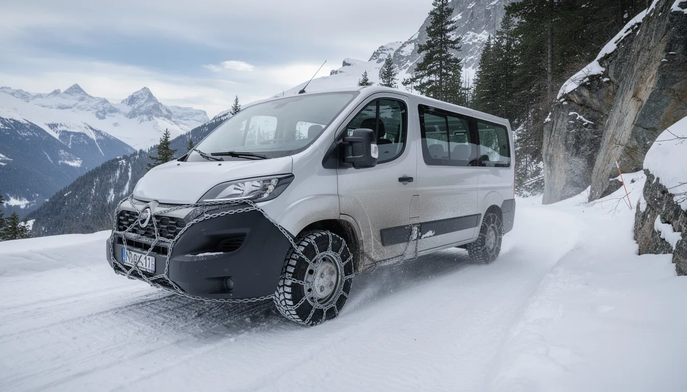 Un minibus Ford Transit, équipé de chaînes sur les pneus, circule sur une route de montagne enneigée, offrant une solution de transport sécurisée pour les groupes en vacances. Ce véhicule, idéal pour les déplacements en famille ou entre amis, est conçu pour assurer confort et performance dans des conditions hivernales.