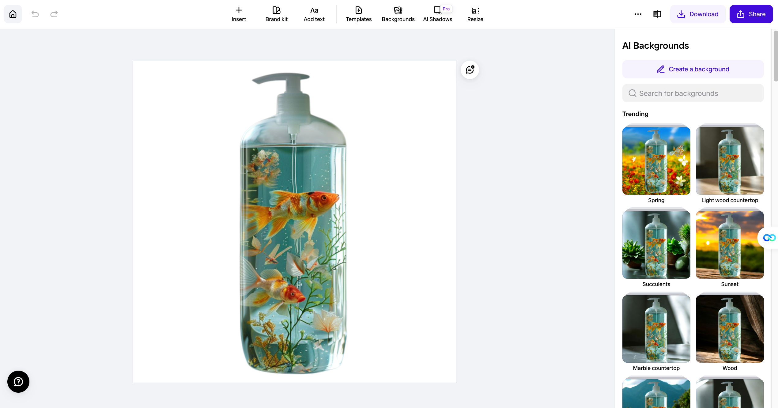 AI product mockup editor with a soap bottle and goldfish on screen, surrounded by seasonal and stylistic background options like Spring, Sunset, and Wood.