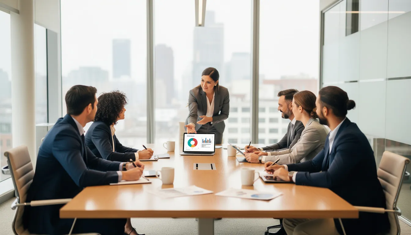 A diverse business team is engaged in a productive meeting around a large conference table, discussing valuable insights and innovative business ideas. The atmosphere is collaborative, reflecting the pivotal role of teamwork in the entrepreneurial journey and the business world.