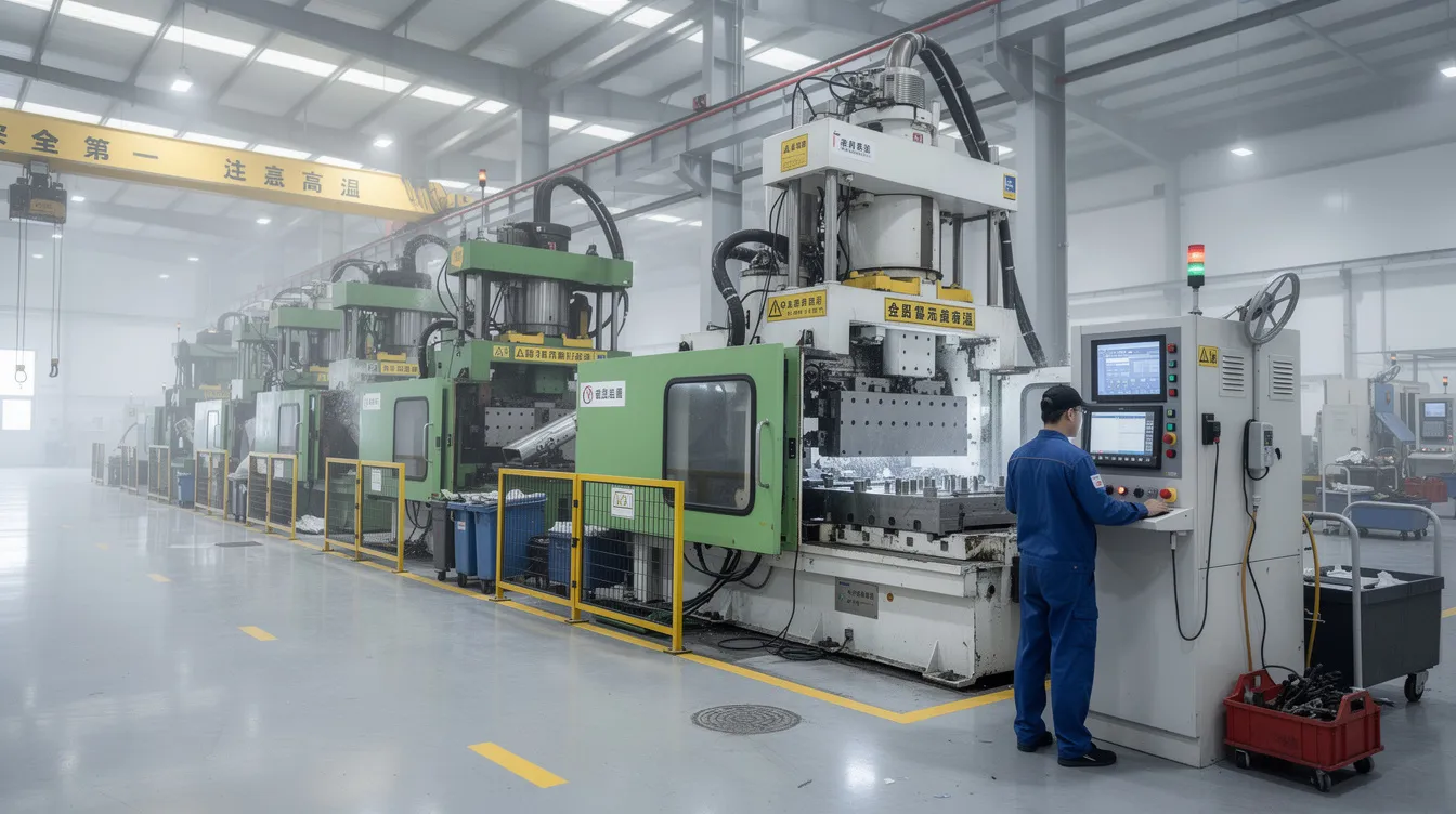 The image depicts a row of large high-tonnage die casting machines inside a modern Chinese manufacturing facility, showcasing advanced technology used in the die casting process. These machines are essential for producing aluminum casting parts and other die cast products, reflecting the capabilities of leading die casting manufacturers in China.