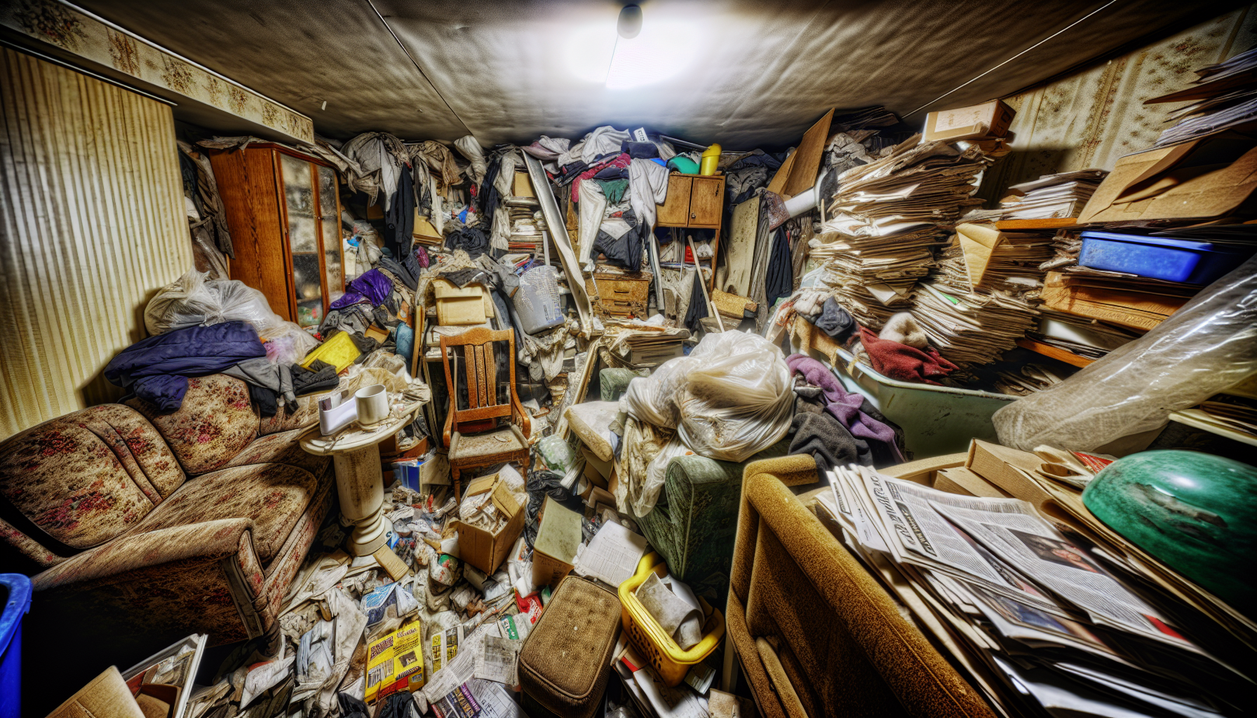 A disorganized and cluttered room with various items and trash