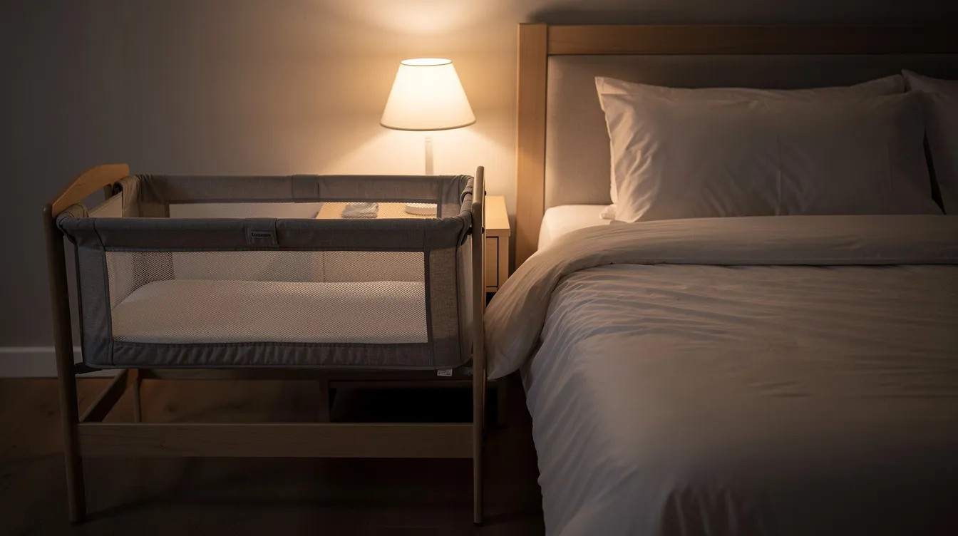 A simple bedside bassinet is positioned next to an adult bed in a dimly lit bedroom, creating a safe sleep environment for the baby. This setup allows new parents to monitor their infant during the night, reducing the risks associated with sudden infant death syndrome while promoting restful sleep for both the baby and the parents.