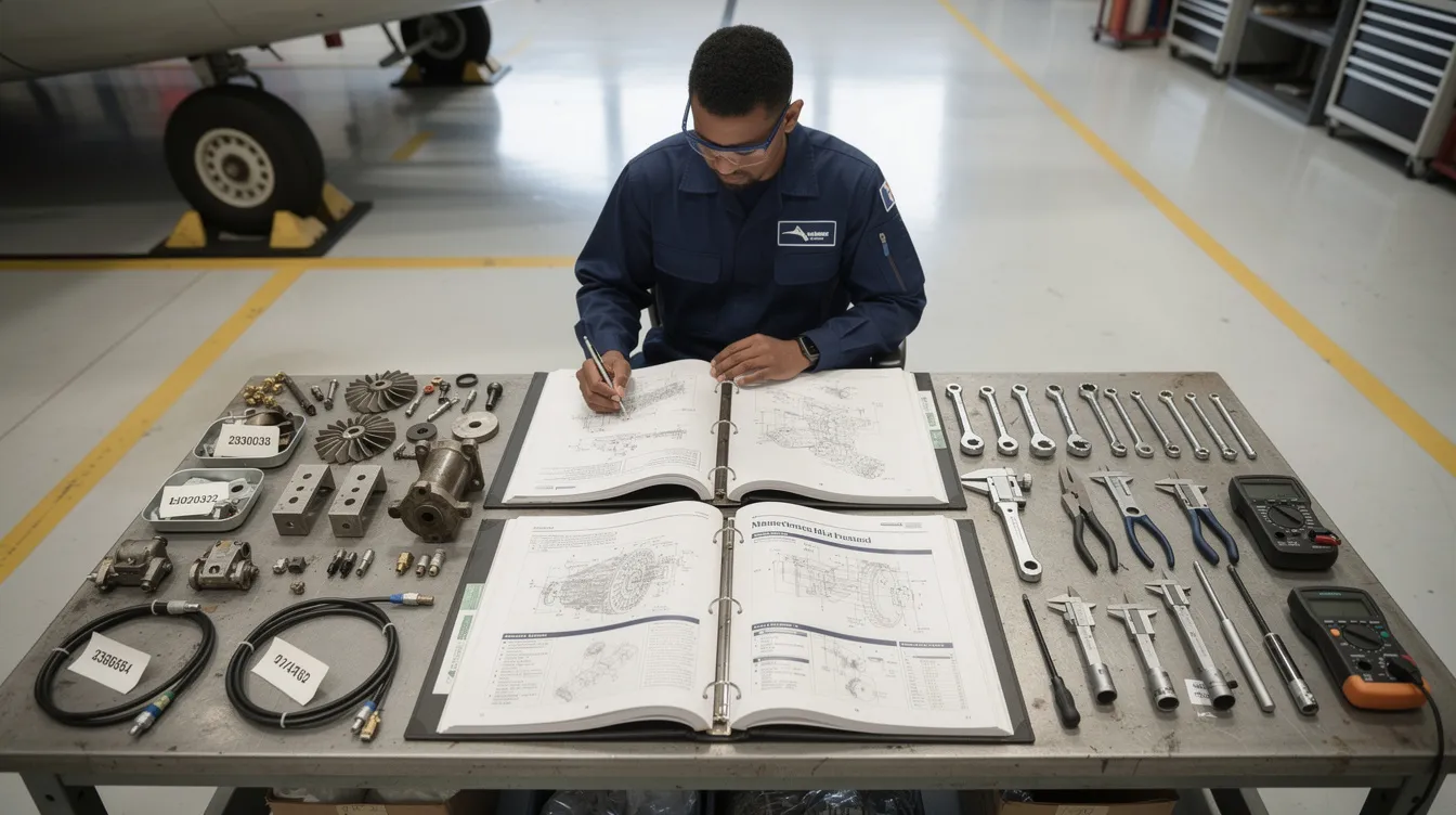 An aviation maintenance student is seated beside various aircraft parts and tools, intently reviewing manuals that cover essential topics for their oral and practical exams in airframe and powerplant maintenance. The scene emphasizes the student's preparation for the FAA certification process, highlighting the importance of knowledge and practical readiness in becoming a designated mechanic.