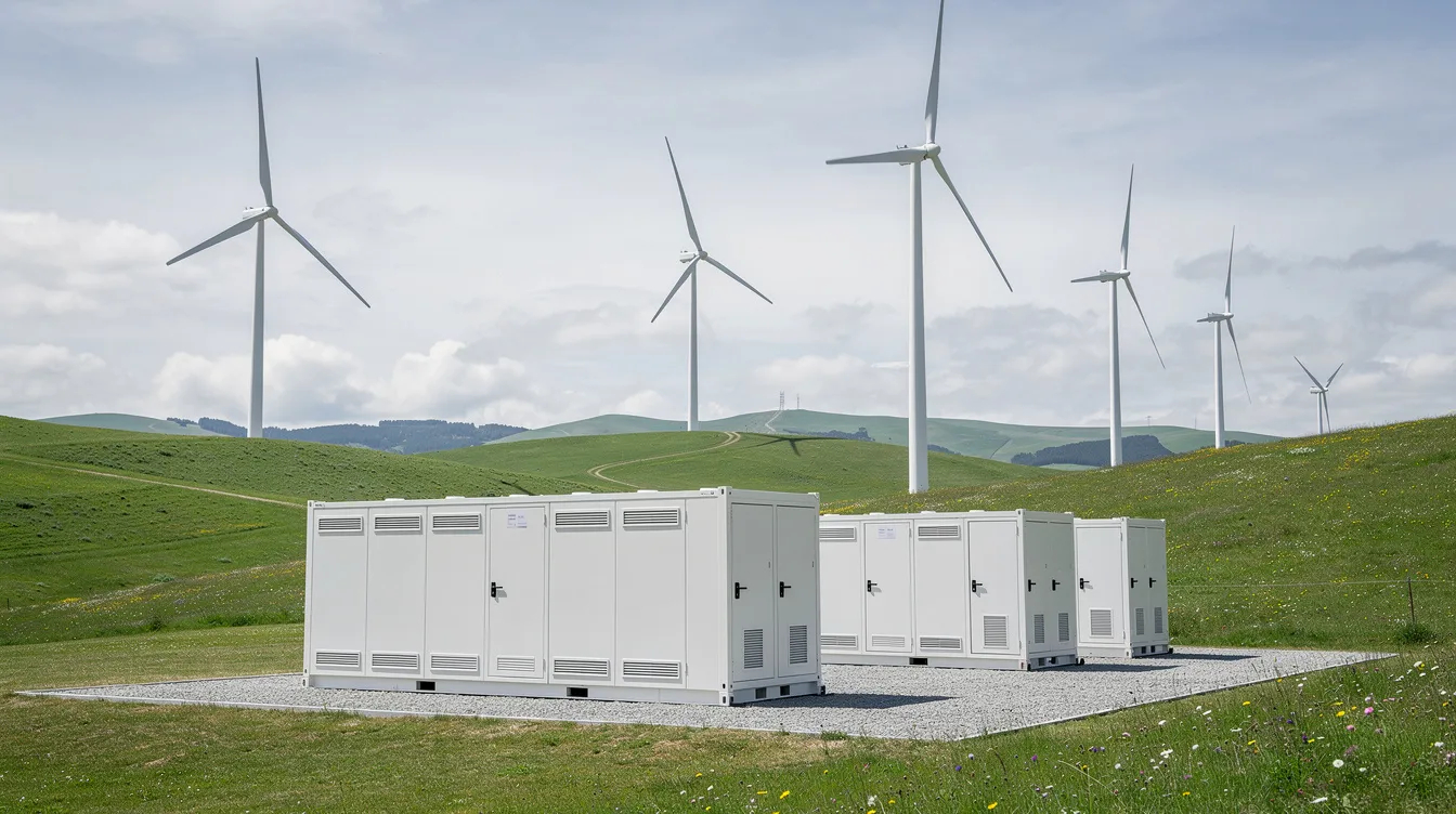 The image depicts battery storage containers positioned alongside several wind turbines on a lush green hillside, highlighting the integration of renewable energy sources in the energy sector. This scene represents a commitment to sustainable power generation and the ongoing development of energy projects that contribute to grid reliability and climate change mitigation.