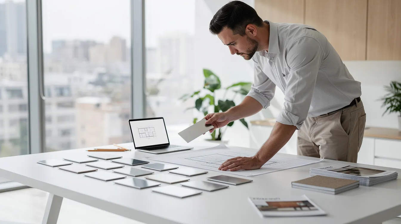 An architect is focused on examining various metal panel samples laid out on a desk in a bright, modern office, showcasing the design elements essential for high-performing manufacturing websites. The scene reflects the intersection of creativity and industrial expertise, crucial for attracting potential customers in the manufacturing industry.