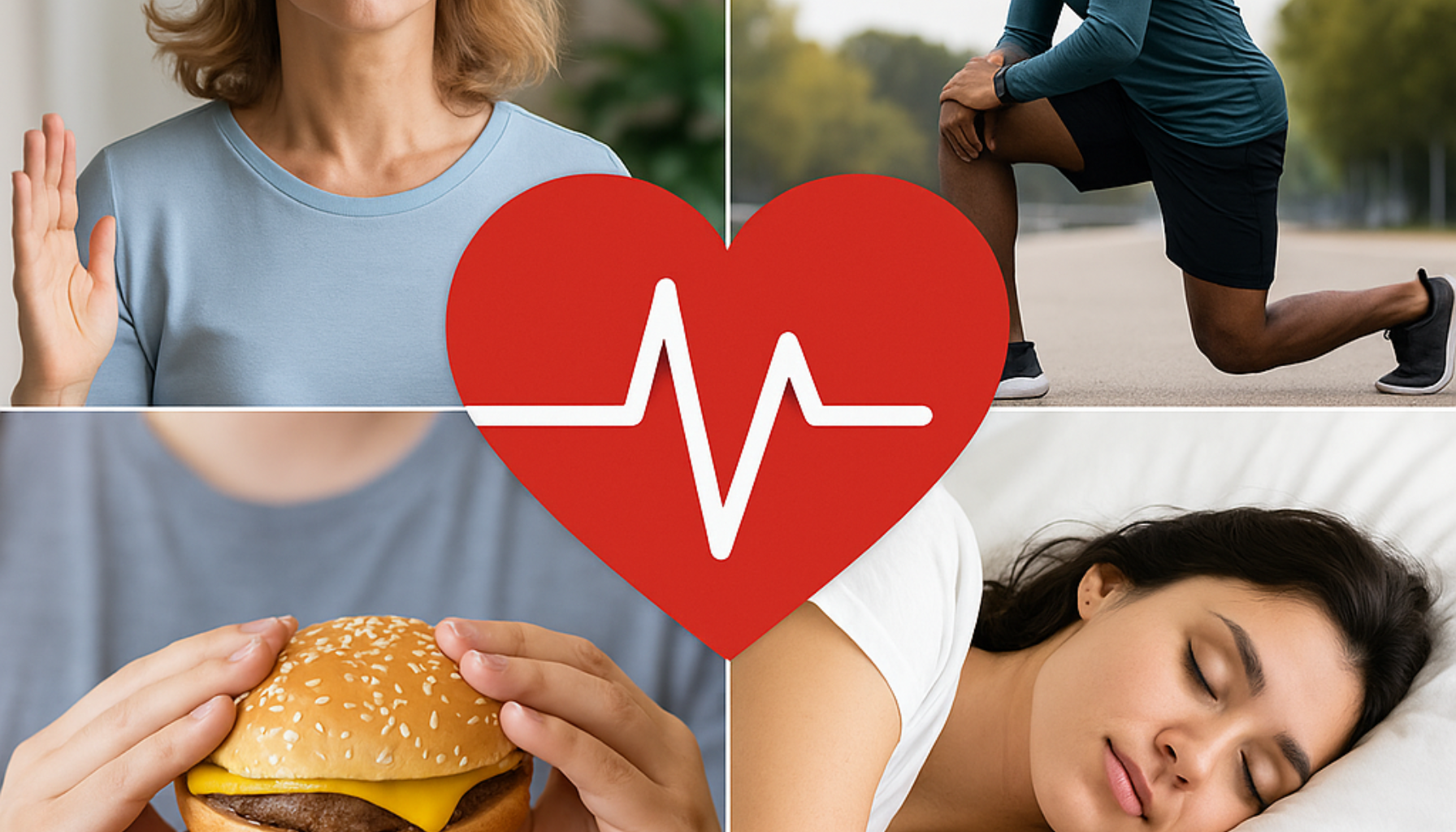 Meditasjon, trening, kosthold og søvn vist som faktorer som påvirker hvilepulsen, med hjerte og EKG-linje i midten.