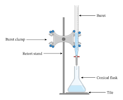 A burette with a buret clamp and a waste beaker