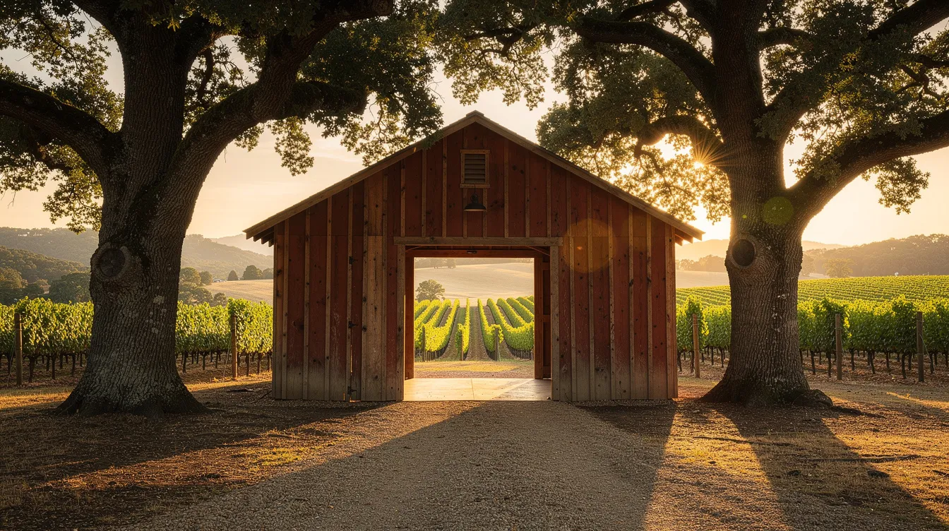 The image depicts a rustic barn entrance surrounded by majestic oak trees, with rows of lush vineyards visible in the background, creating an ideal location for wine tasting events in Clarksburg wine country. This picturesque setting invites guests to relax and celebrate special moments amidst the beauty of the California Delta.