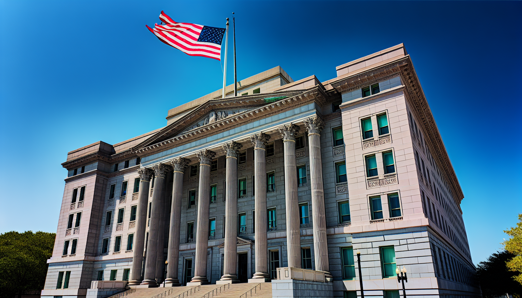 Federal courthouse with the United States flag flying
