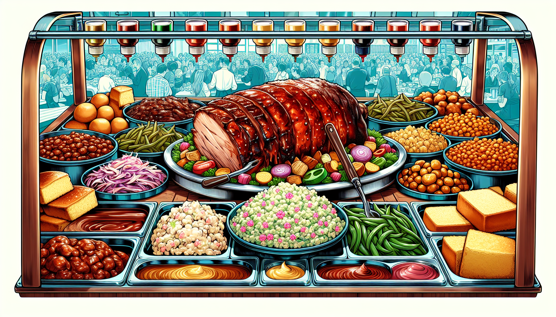 Cartoon-style image of a self-serve buffet with BBQ dishes and sides