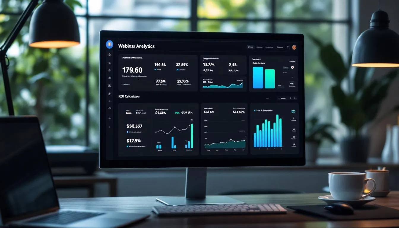 An analytics dashboard displayed on a computer screen showcases key performance metrics for a webinar, including ROI calculations and engagement statistics, essential for evaluating the success of virtual events. This detailed view aids webinar hosts in understanding their audience and optimizing webinar costs and promotional strategies.