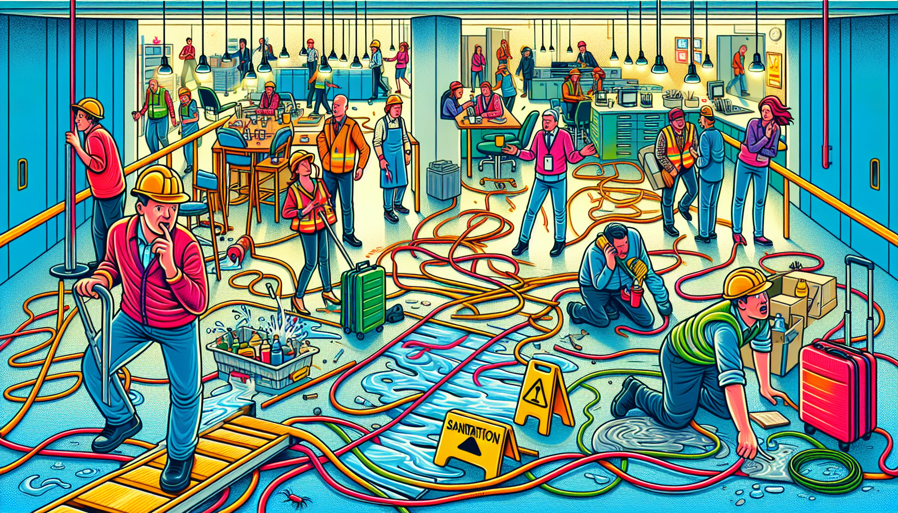 An illustration showing various workplace hazards that can lead to unsafe working conditions.