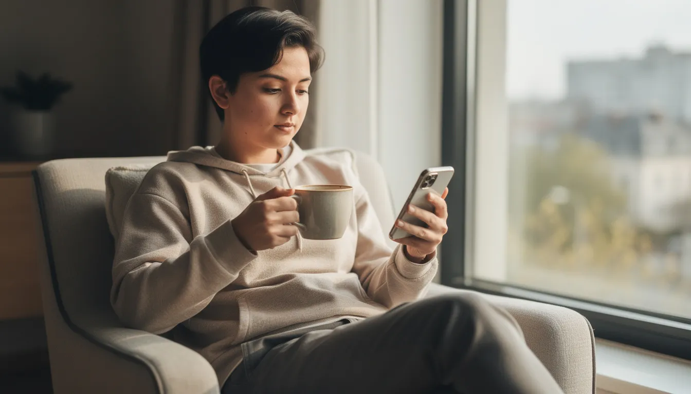 En person sitter avslappnat med en kopp kaffe i handen och tittar på sin telefon. I bakgrunden syns en mysig miljö som skapar en lugn atmosfär.