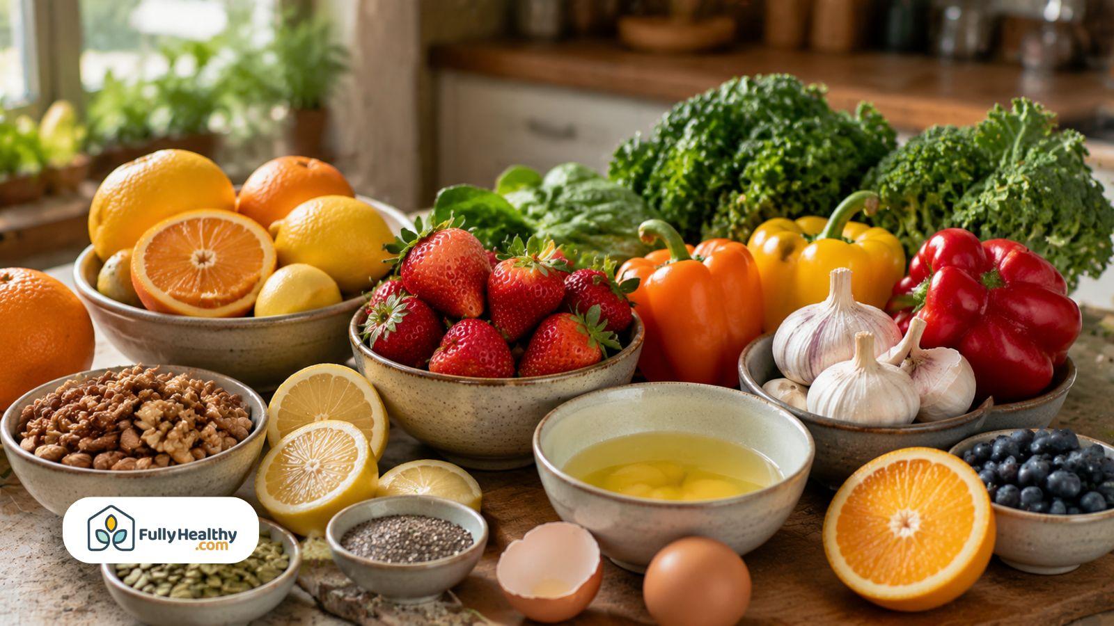 Citrus fruits berries leafy greens and garlic supporting natural collagen production daily