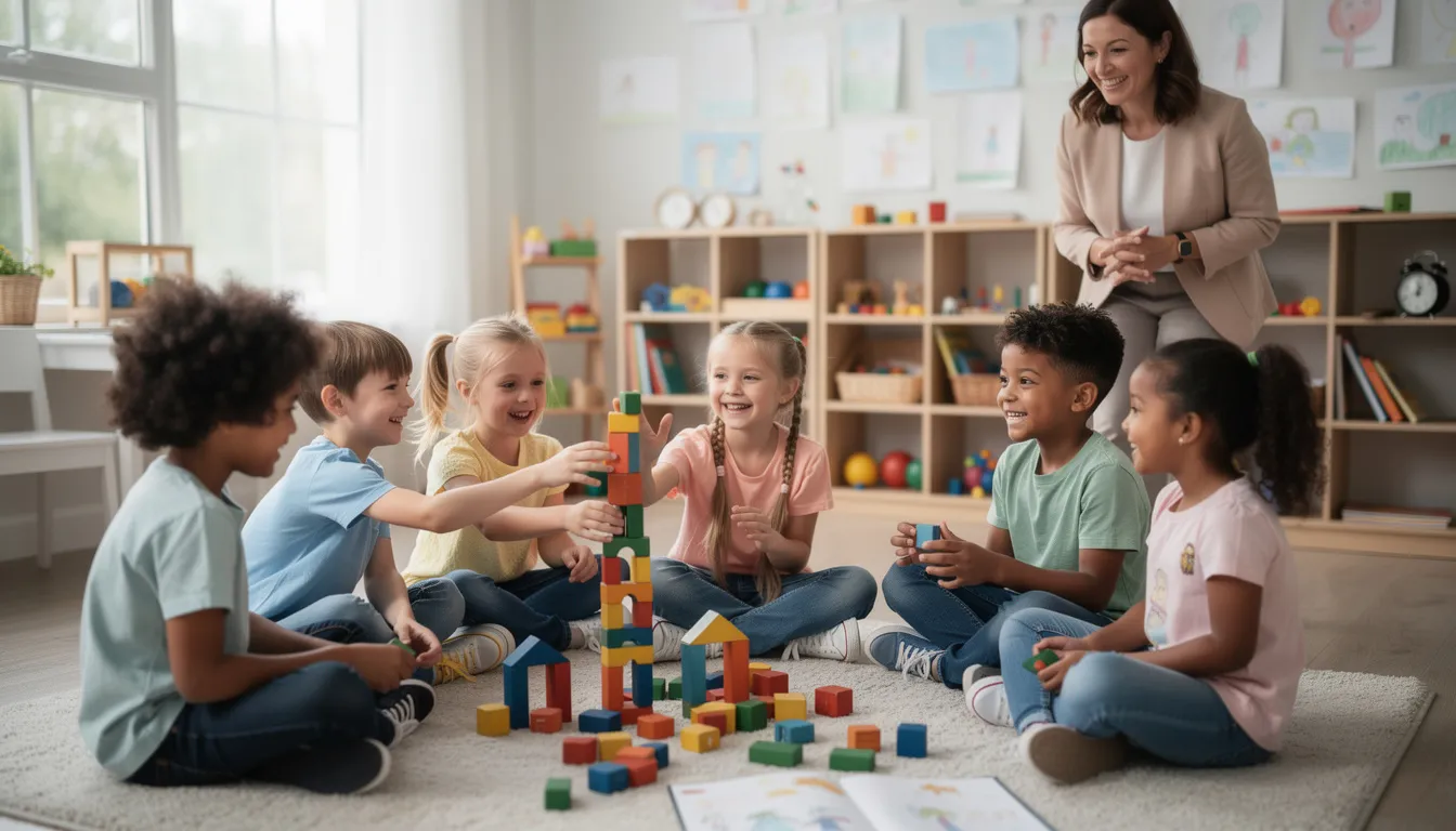 A diverse group of young children is playing cooperatively with colorful building blocks, enhancing their fine motor skills and critical thinking. An adult observes nearby, encouraging the kids as they create structures together, fostering friendship and teamwork.