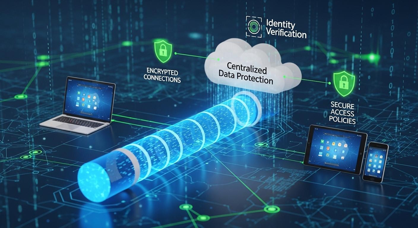 Remote users securely accessing virtual desktops through encrypted connections, with identity verification, secure access policies, and centralized data protection.