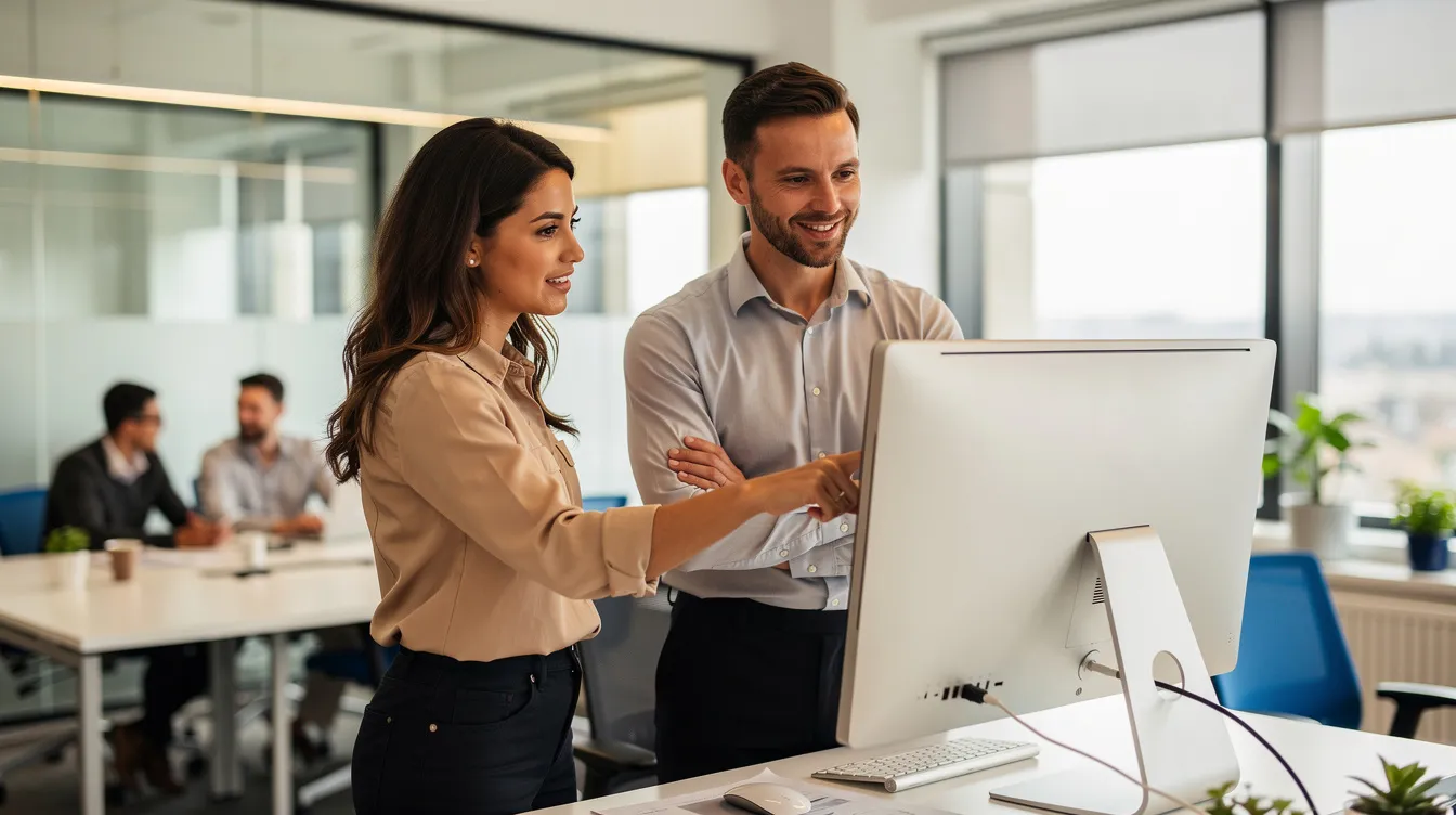 L'image montre deux professionnels, un manager et un collaborateur, échangeant des conseils devant un écran d'ordinateur dans un espace de travail collaboratif. Ils semblent discuter des tâches à déléguer, illustrant ainsi l'importance de la confiance et de la prise d'initiative au sein de l'équipe.