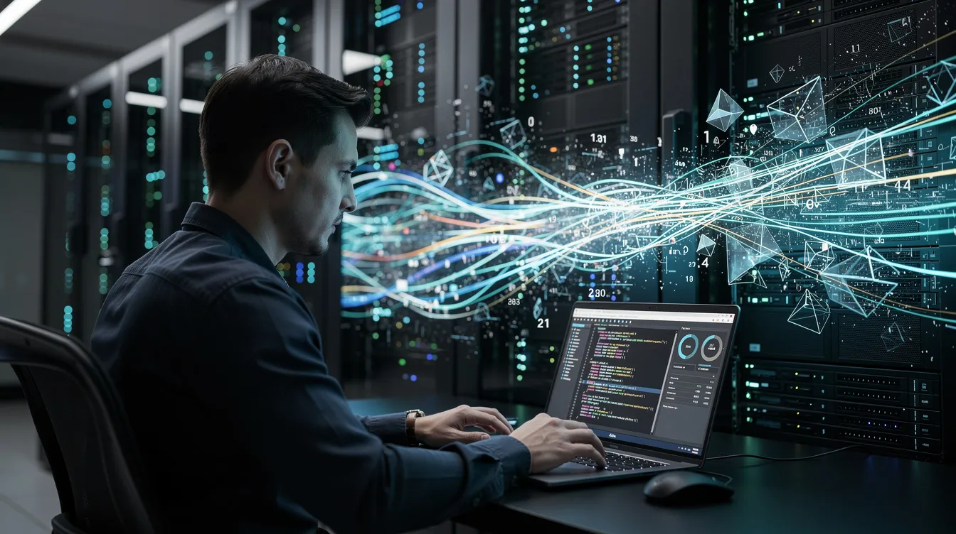 A developer is seated next to servers and a laptop, surrounded by abstract data streams representing structured and unstructured data. The scene illustrates the integration of data extraction tools and AI models, emphasizing the importance of accurate data processing for business operations.