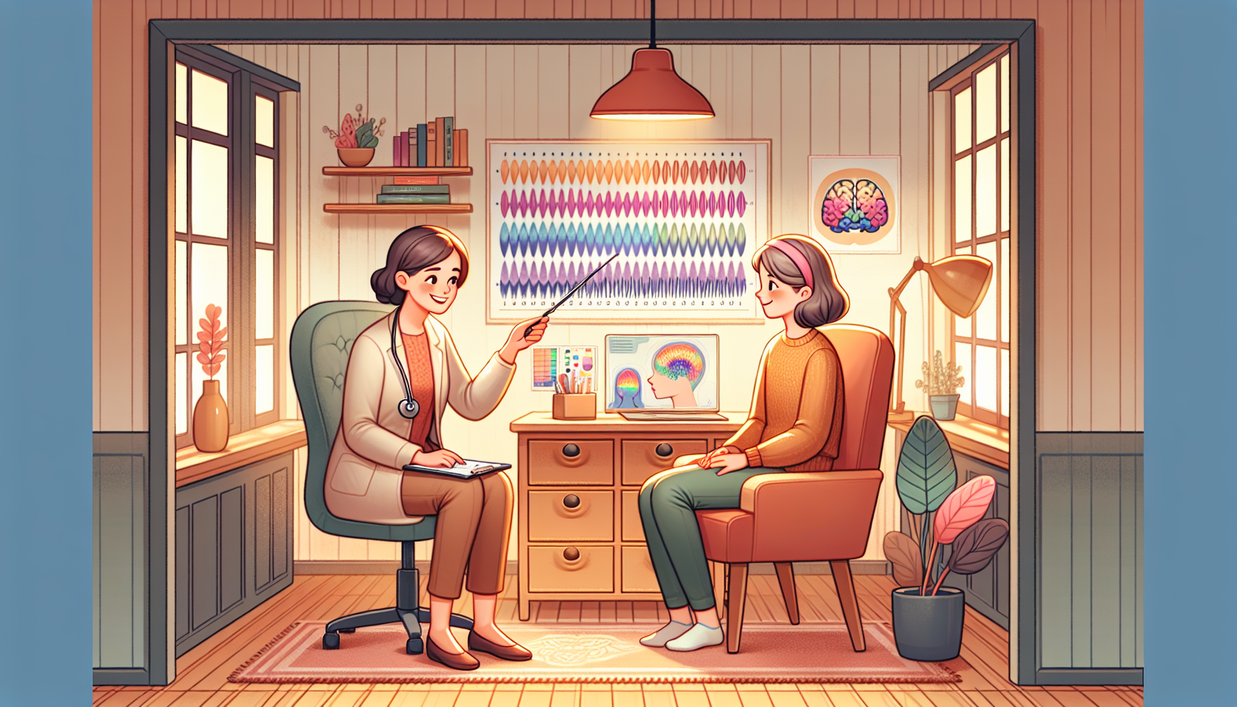 An illustration showing a patient consulting with a qualified neurofeedback practitioner.