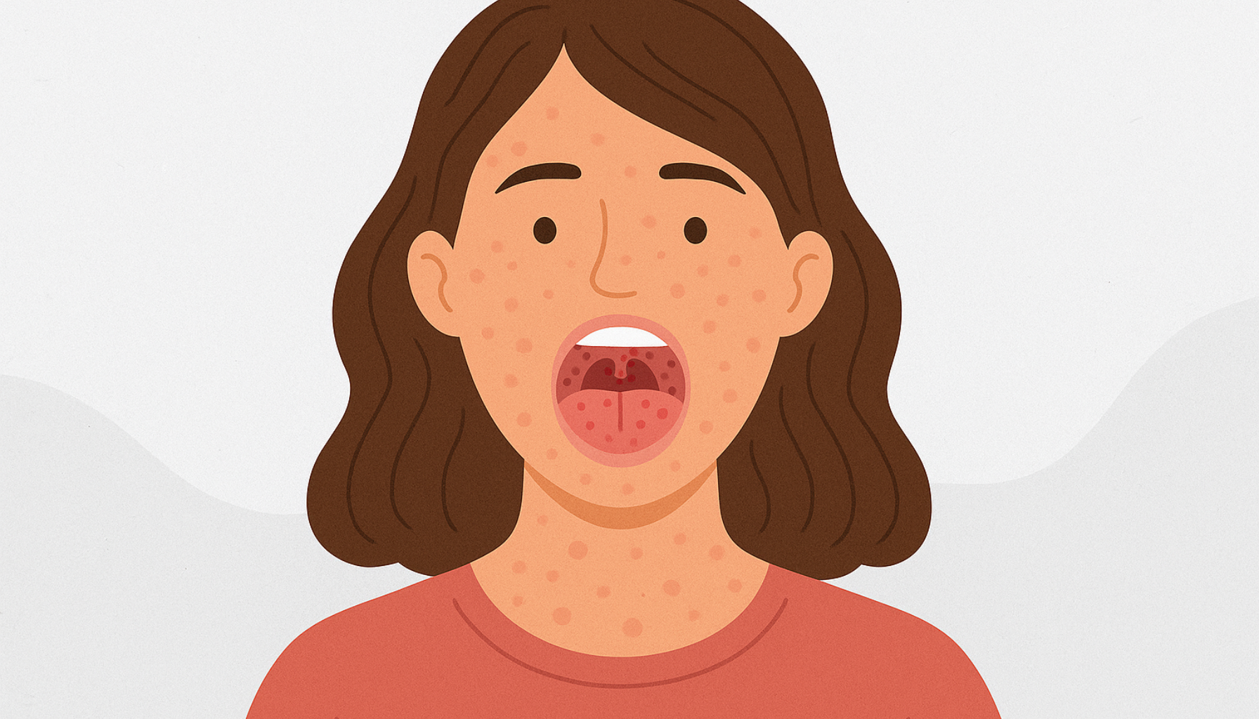 Ung kvinne med rubella viser rødt utslett i ansikt og munn, tydelige prikker på slimhinne og hud.
