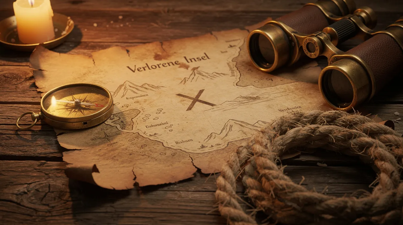 Die alte, verwitterte Schatzkarte liegt auf einem Holztisch und zeigt Spuren vergangener Abenteuerreisen, während ein Kompass, ein Fernglas und ein Seil daneben liegen, alles sanft von warmem Kerzenlicht beleuchtet. Diese Szenerie erinnert an die spannenden Elemente von Abenteuerfilmen, in denen Helden auf der Suche nach Piratenschätzen und aufregenden Ereignissen sind.
